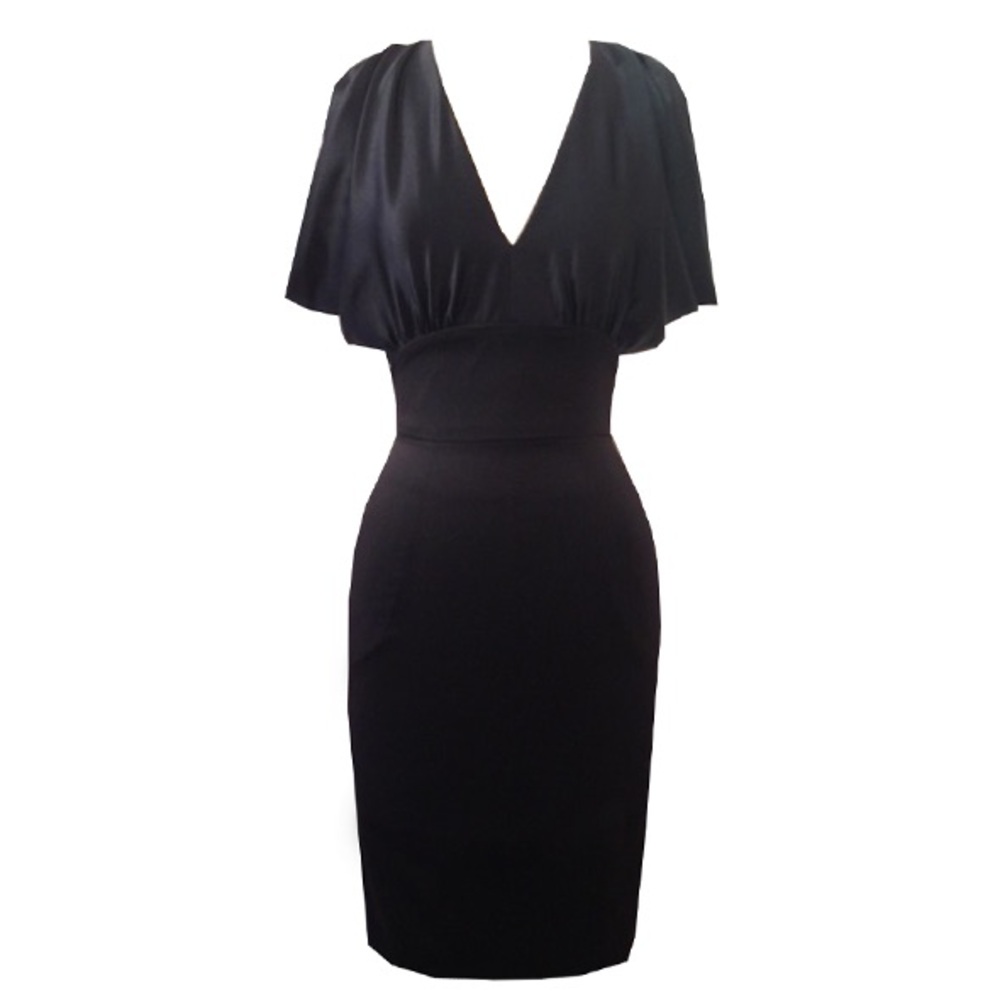 Anya Ponorovskaya Iris Wool Silk Flutter Sleeve Plunge Sheath Dress Black Size 2